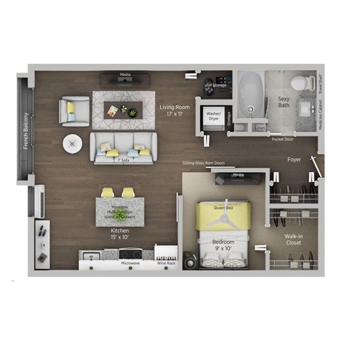 A floor plan of a small apartment with a living room, kitchen, and two bedrooms.